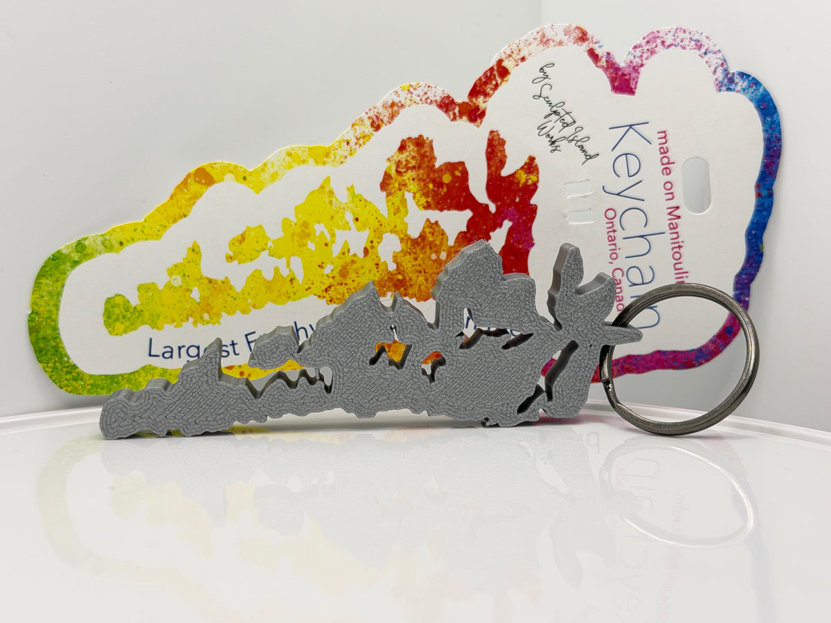 Metallic silver Manitoulin Island key chain on its display card