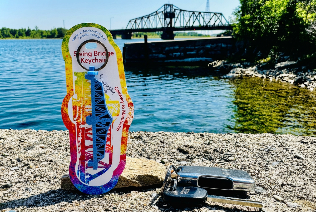 Swing Bridge keychain on the waterfront background