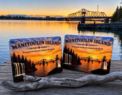 Two Manitoulin Island ceramic magnets on driftwood by the water at sunset